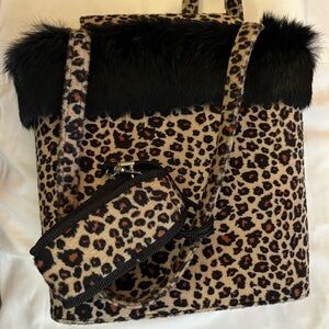 Leopard Print Faux Fur Trim Tote Bag
